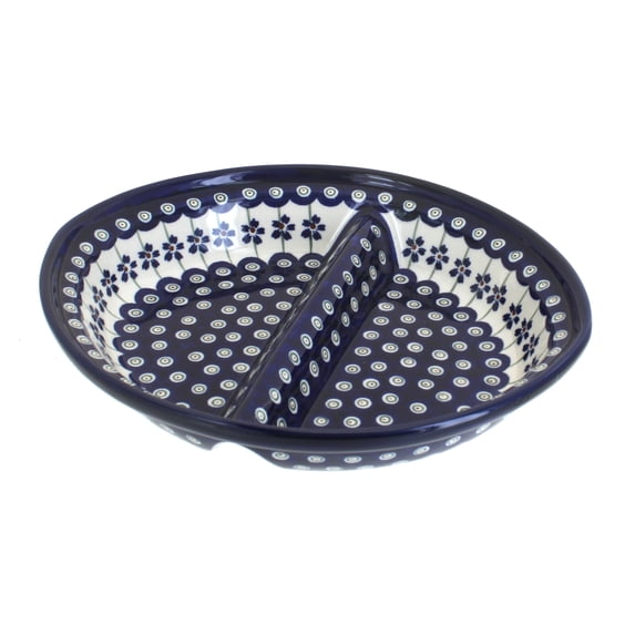 Blue Rose Polish Pottery Flowering Peacock Large Divided Dish