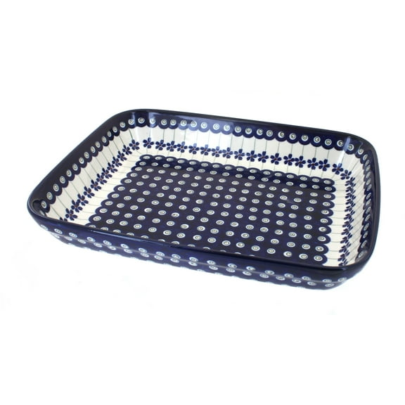 Blue Rose Polish Pottery Flowering Peacock Medium Rectangular Baker