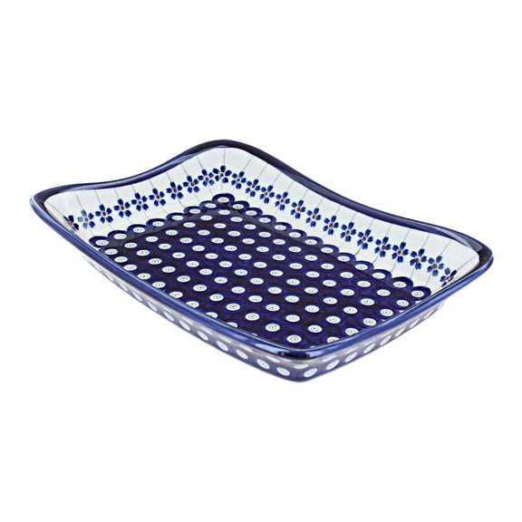 Blue Rose Polish Pottery Flowering Peacock Large Rectangular Tray