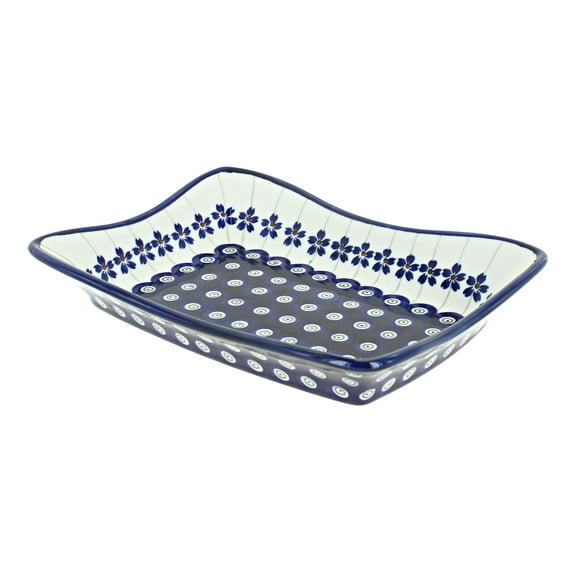Blue Rose Polish Pottery Flowering Peacock Medium Rectangular Tray
