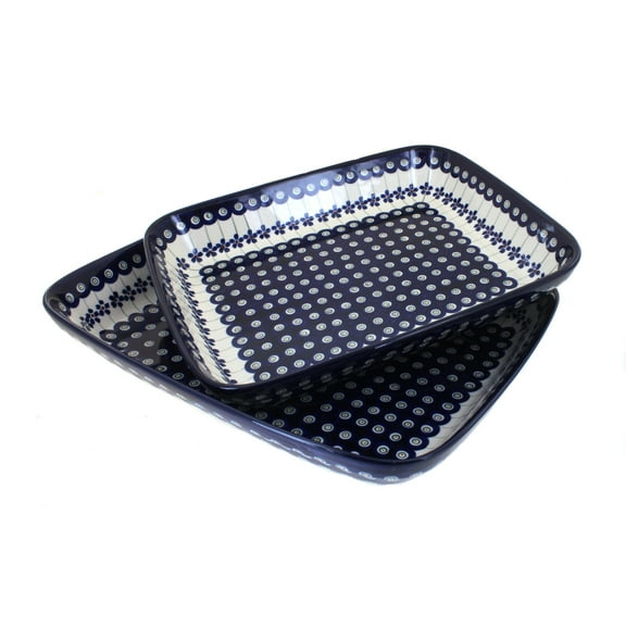 Blue Rose Polish Pottery Flowering Peacock Rectangular Baker Set