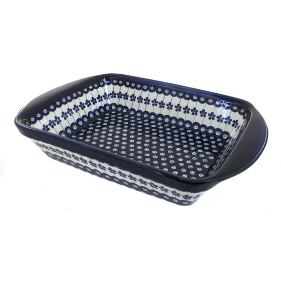 Blue Rose Polish Pottery Flowering Peacock Rectangular Baker with Handles