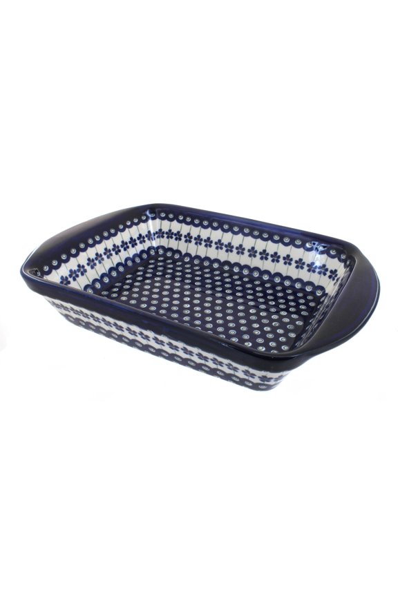 Blue Rose Polish Pottery Flowering Peacock Rectangular Baker with Handles