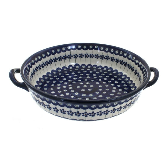 Blue Rose Polish Pottery Flowering Peacock Round Casserole with Handles