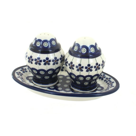 Blue Rose Polish Pottery Flowering Peacock Salt & Pepper Shaker with Plate