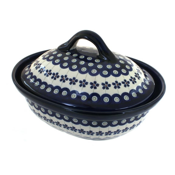 Blue Rose Polish Pottery Flowering Peacock Small Oval Baker with Lid