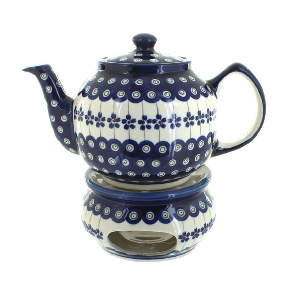 Blue Rose Polish Pottery Flowering Peacock Teapot with Warmer