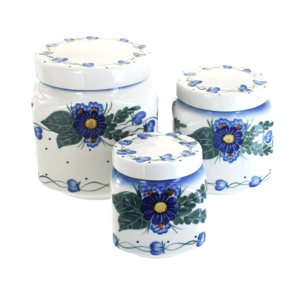 Blue Rose Polish Pottery Forget Me Not 3 Piece Canister Set