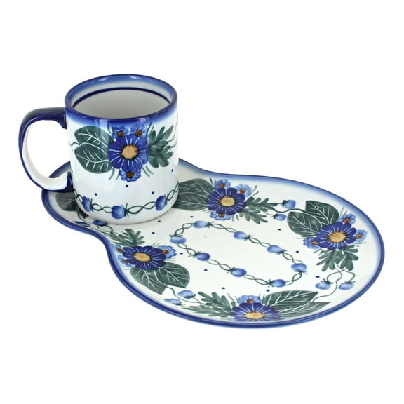 Blue Rose Polish Pottery Forget Me Not Oval Breakfast Plate & Mug Set