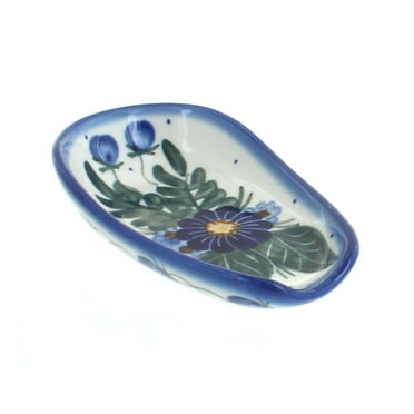 Polish Pottery Mosaic Flower Spoon Rest - Handmade Ceramic Kitchen Accessory 5.25 X 3.2 Inches