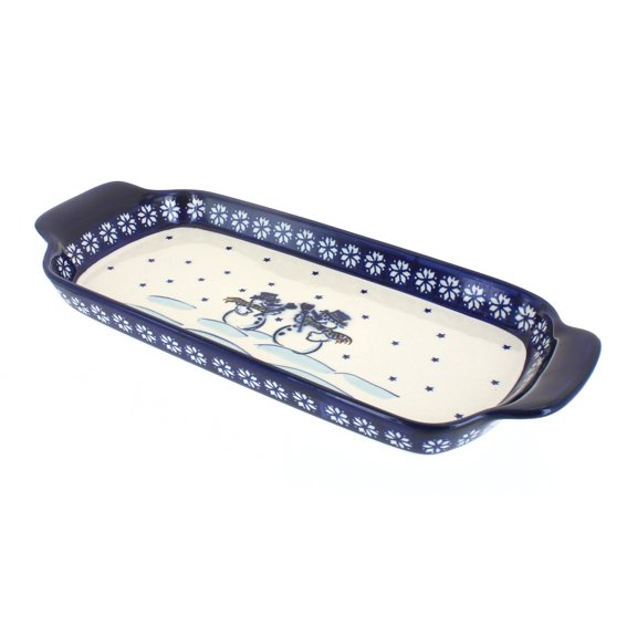 Blue Rose Polish Pottery Frosty Friend Bread Tray with Handles