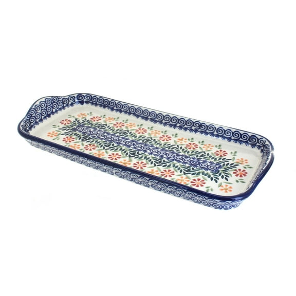 Blue Rose Polish Pottery Garden Bouquet Bread Tray with Handles