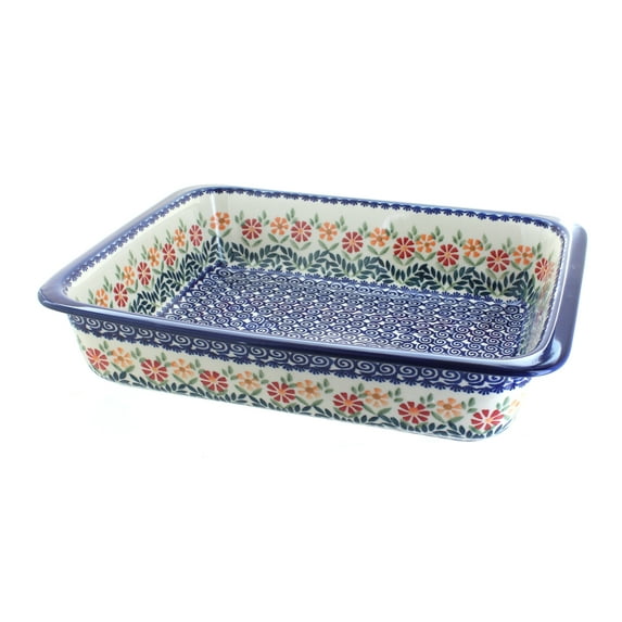 Blue Rose Polish Pottery Garden Bouquet Large Rectangular Baker