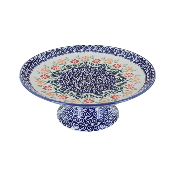 Blue Rose Polish Pottery Garden Bouquet Pedestal Cake Plate