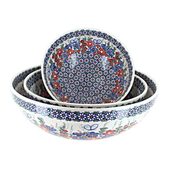 Blue Rose Polish Pottery Garden Butterfly 3 Piece Serving Bowl Set