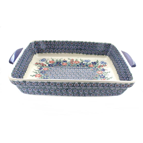 Blue Rose Polish Pottery Garden Butterfly Baker with Handles