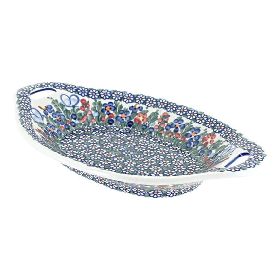 Blue Rose Polish Pottery Garden Butterfly Bread Tray with Handles