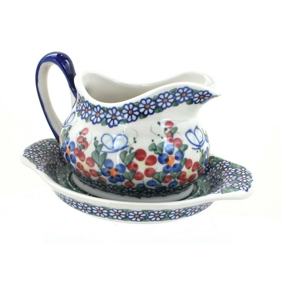 Blue Rose Polish Pottery Garden Butterfly Gravy Boat & Plate