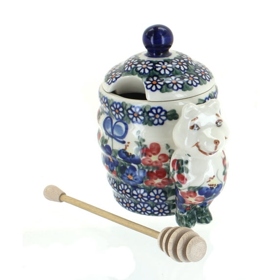 Blue Rose Polish Pottery Garden Butterfly Honey Pot