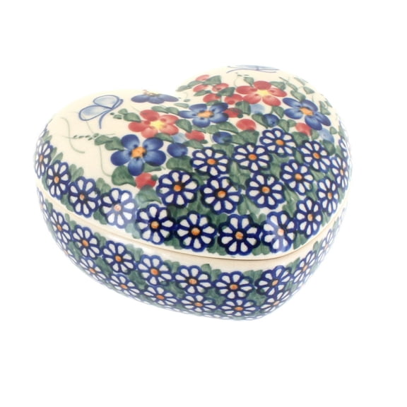 Blue Rose Polish Pottery Garden Butterfly Large Heart Box