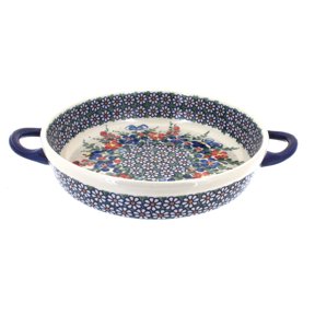 Blue Rose Polish Pottery Garden Butterfly Small Round Baker with Handles