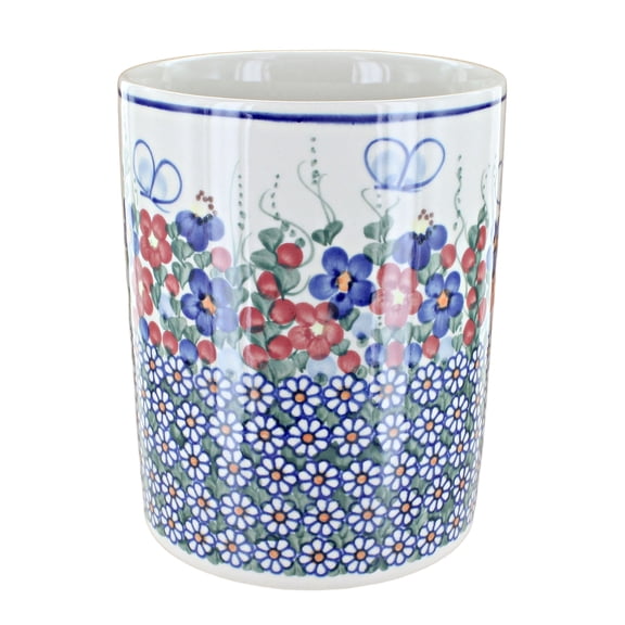 Blue Rose Polish Pottery Garden Butterfly Utensil Jar