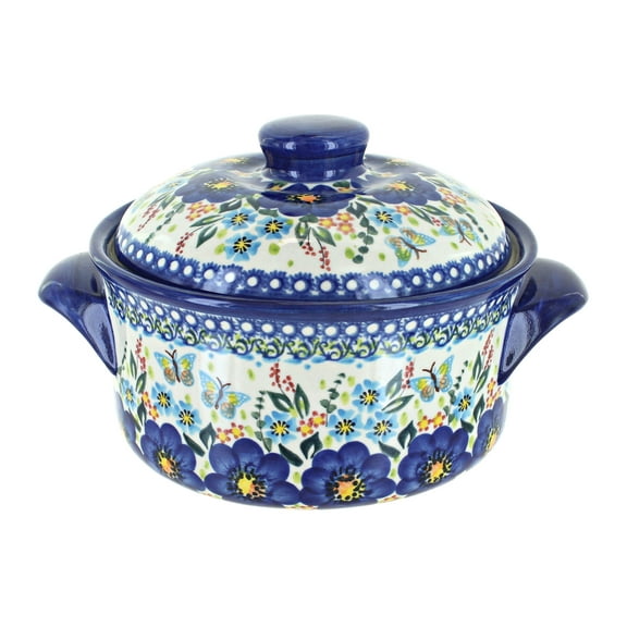 Blue Rose Polish Pottery Garden of Blue Round Baker with Lid