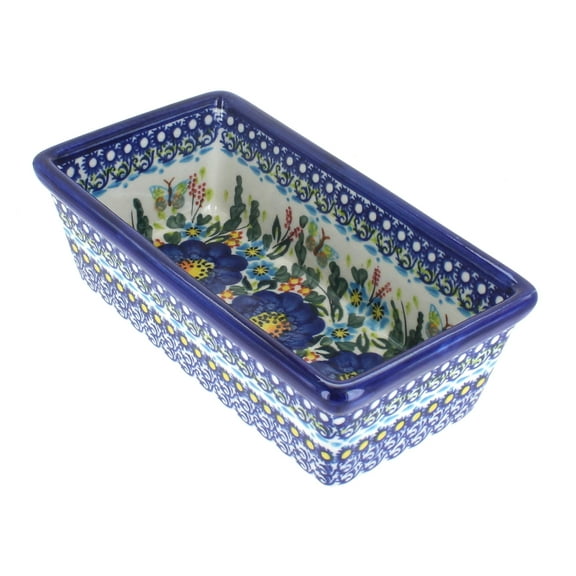 Blue Rose Polish Pottery Garden of Blue Small Loaf Baker