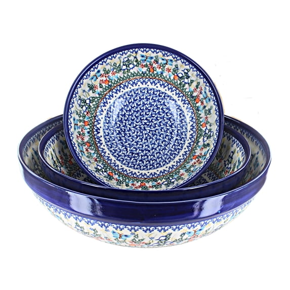 Blue Rose Polish Pottery Garden of Eden 3 Piece Serving Bowl Set