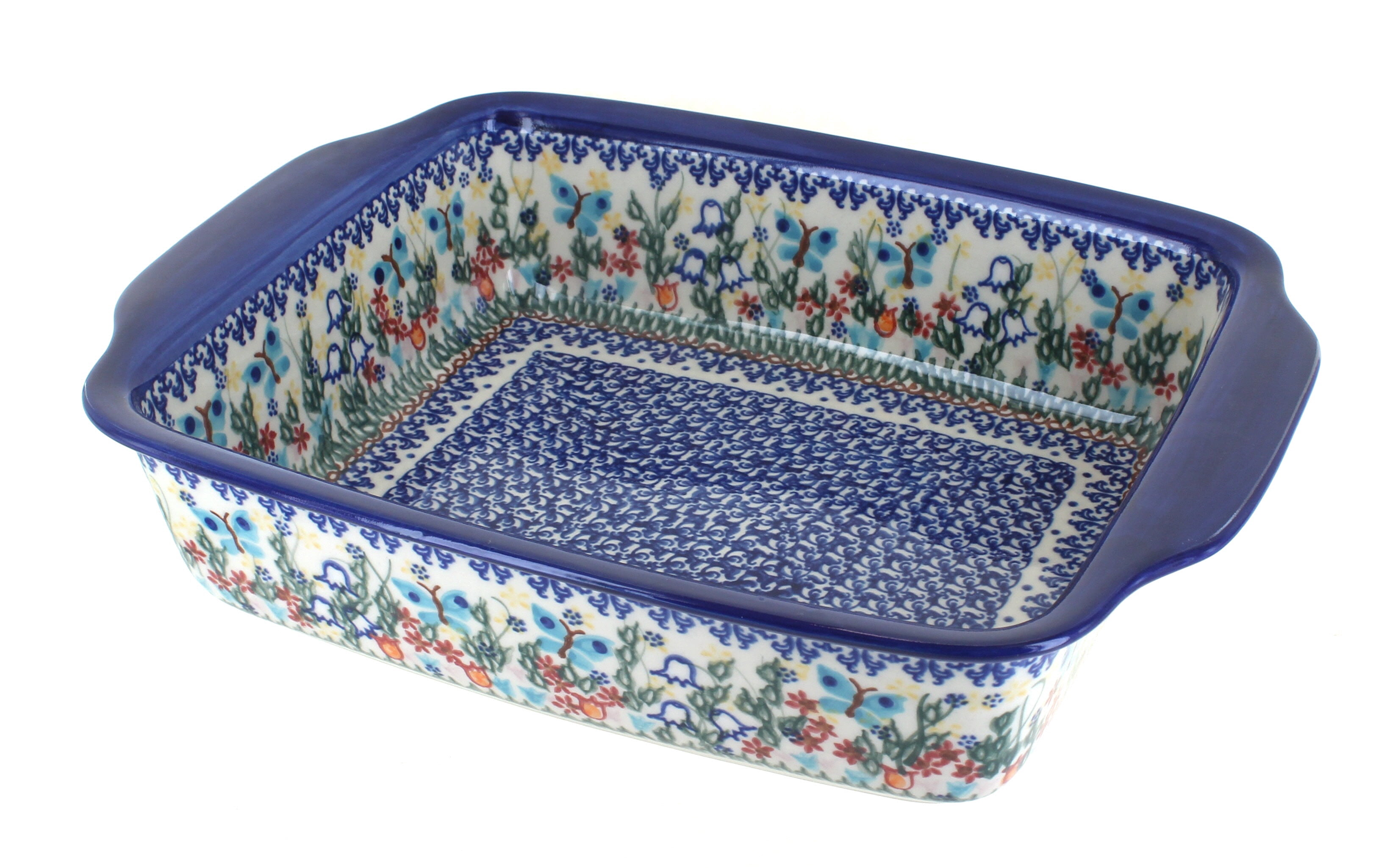 Polish Pottery Rectangular Baker With Grip Lip - Crimson Bells Pattern, 2.25"H X 7.13"W X 9.75"L, Oven/Dishwasher/Microwave Safe