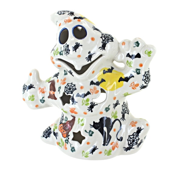 Blue Rose Polish Pottery Ghost with Cats & Bats