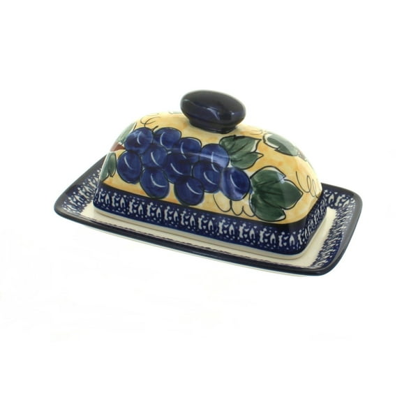 Blue Rose Polish Pottery Grapes Butter Dish with Cobalt Trim