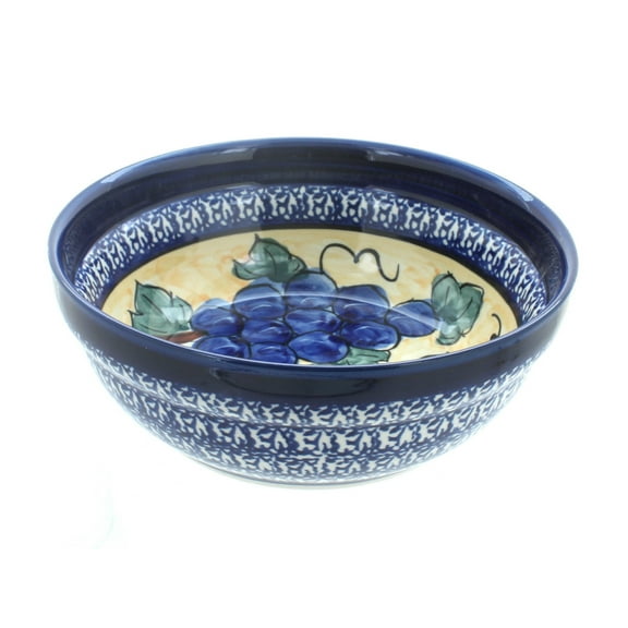 Blue Rose Polish Pottery Grapes Cereal/Soup Bowl w/ Cobalt Rim
