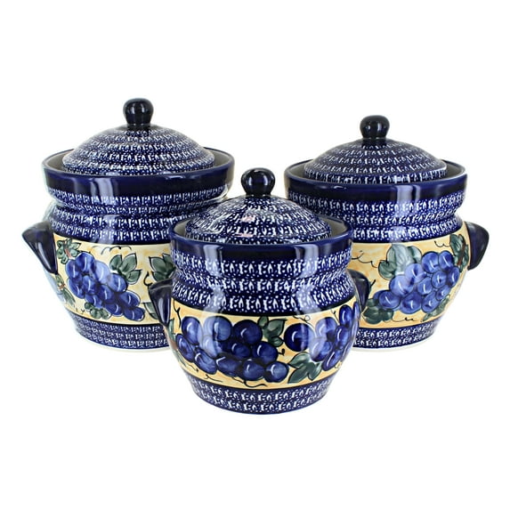 Blue Rose Polish Pottery Grapes Large Canister Set