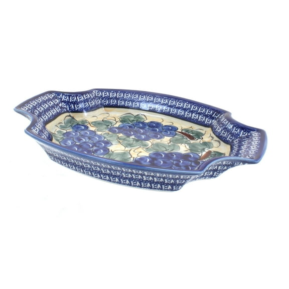 Blue Rose Polish Pottery Grapes Large Serving Tray with Cobalt Trim