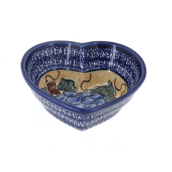 Blue Rose Polish Pottery Grapes Small Heart Bowl with Cobalt Rim