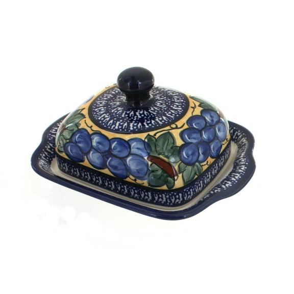 Blue Rose Polish Pottery Grapes Square Butter Dish with Cobalt Trim