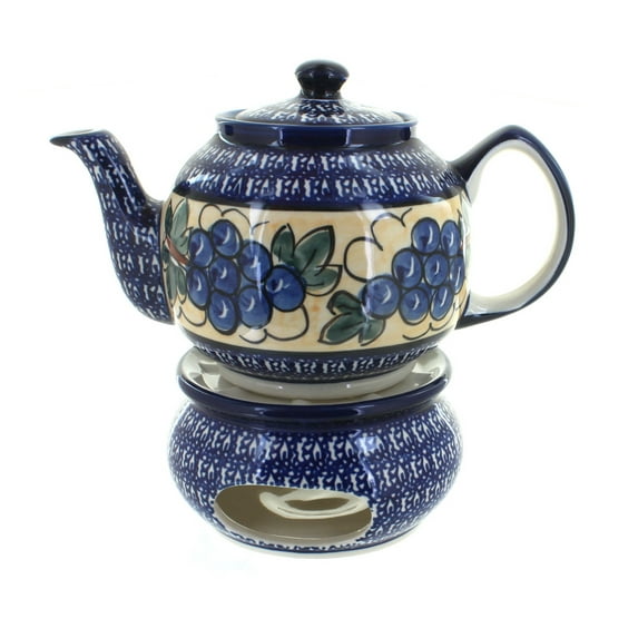 Blue Rose Polish Pottery Grapes Teapot with Warmer