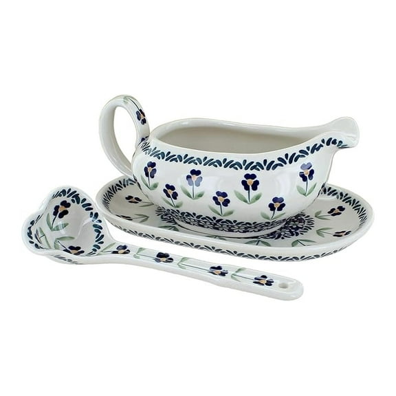 Blue Rose Polish Pottery Gravy Boat & Ladle Set - Stoneware Sauce Boat with Plate - Handmade in Poland - Dishwasher, Microwave, Oven Safe - 1.5 Cup Capacity