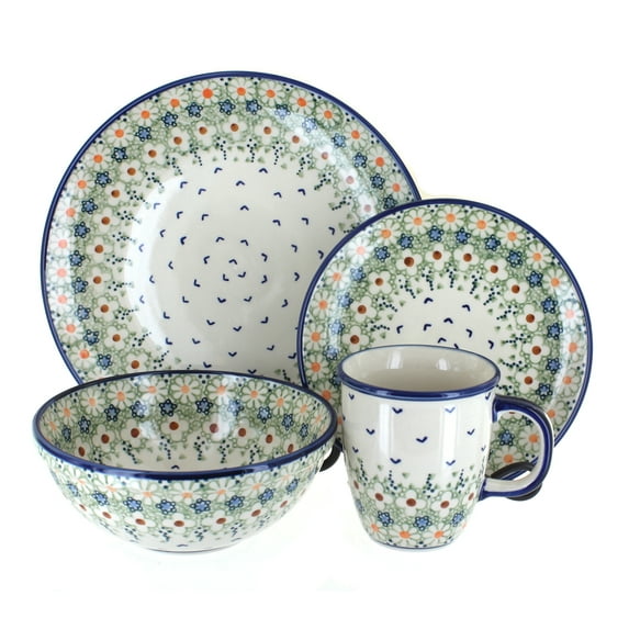 Blue Rose Polish Pottery Green Daisy 16 Piece Dinnerware Set