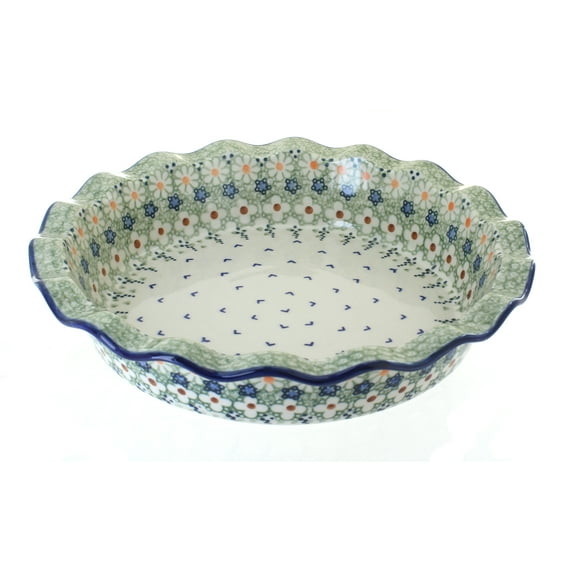 Blue Rose Polish Pottery Green Daisy Pie Plate