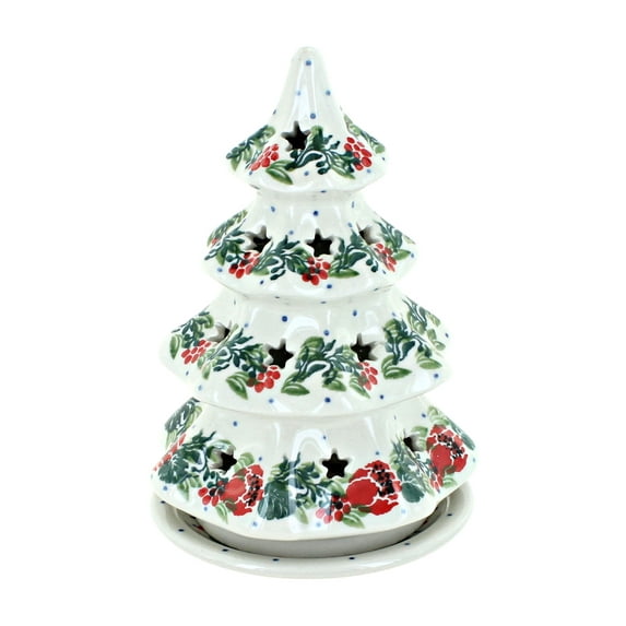 Blue Rose Polish Pottery Holiday Flower Small Christmas Tree Luminary