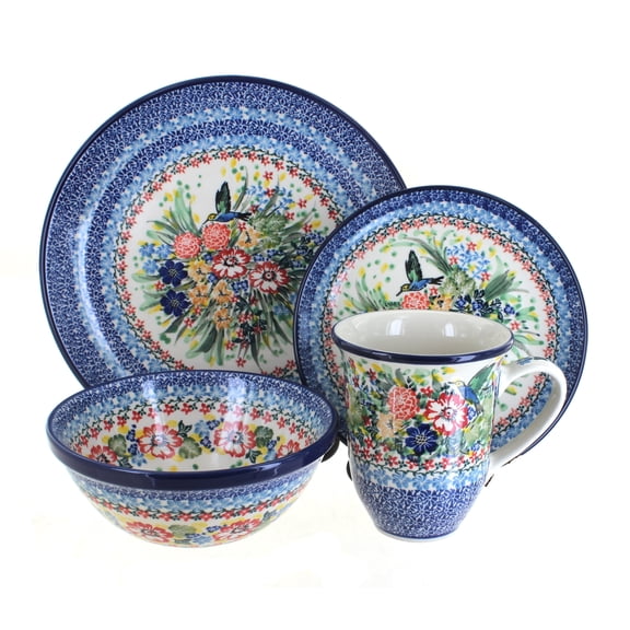 Blue Rose Polish Pottery Hummingbird 4 Piece Place Setting - Service for 1 - with Large Coffee Mug