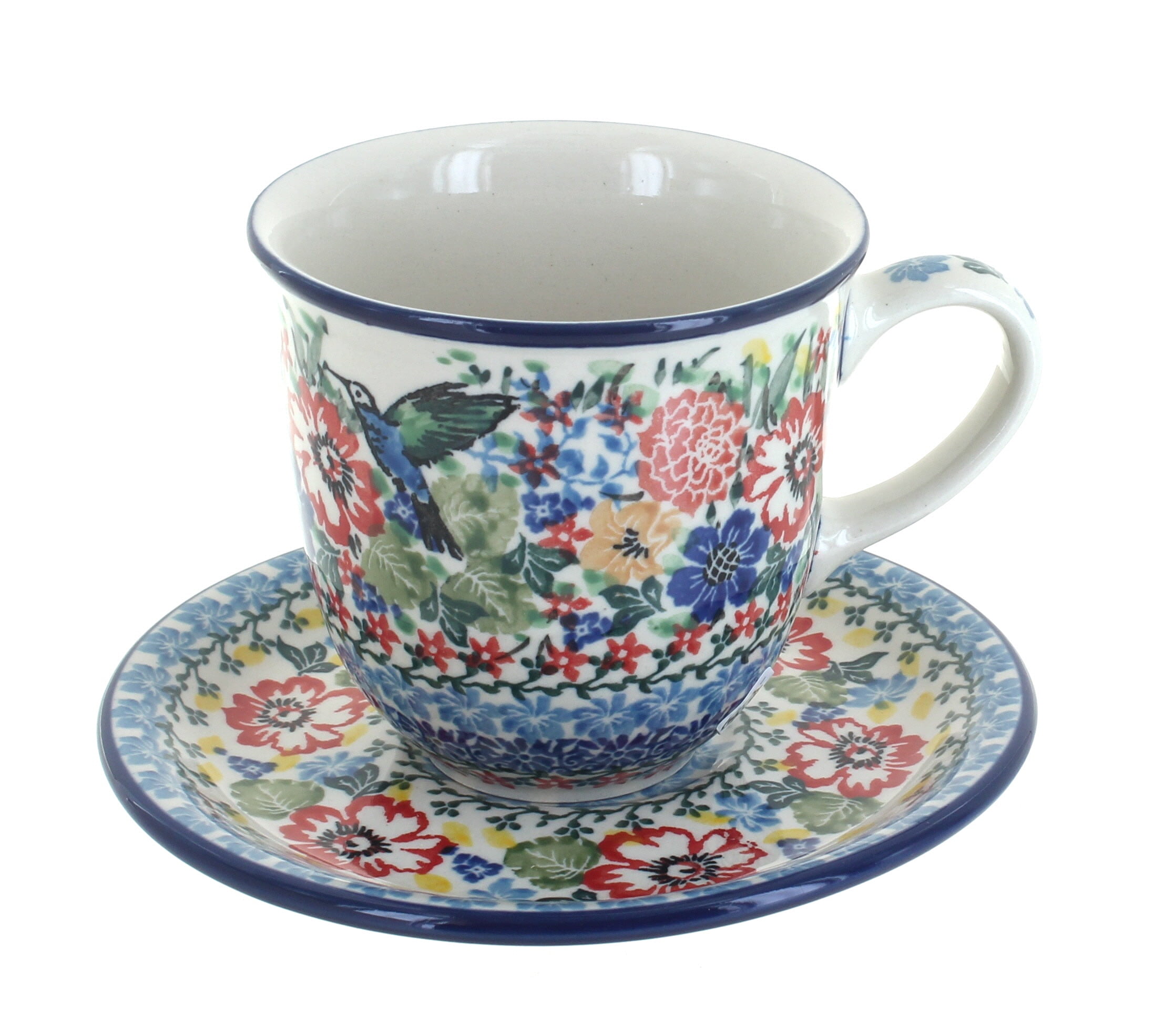 Handcrafted Blue Floral Ceramic Coffee Mug and Saucer Set