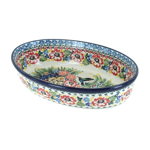 Blue Rose Polish Pottery Hummingbird Small Oval Baking Dish