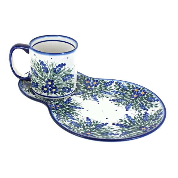 Blue Rose Polish Pottery Hyacinth Oval Breakfast Plate & Mug Set