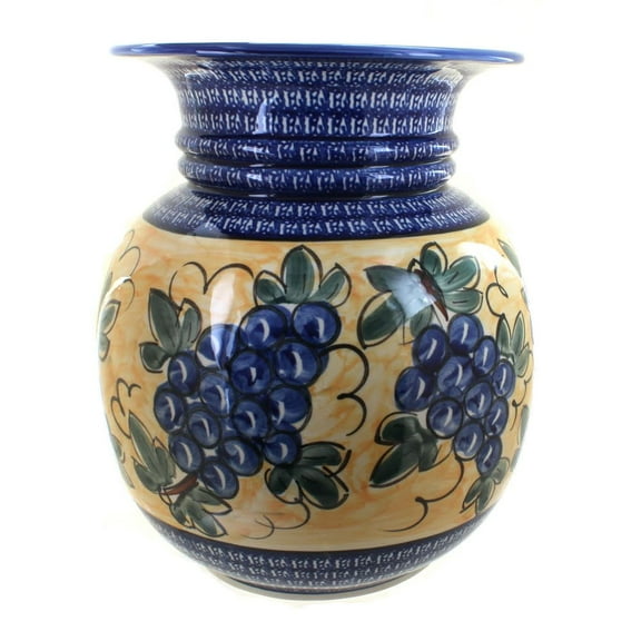 Blue Rose Polish Pottery Indoor Tabletop Grapes Floor Vase with Cobalt Trim