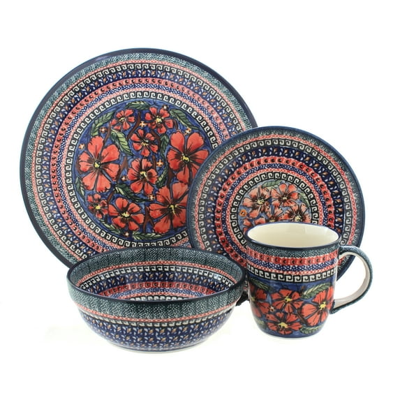 Blue Rose Polish Pottery Jungle Flower 4 Piece Place Setting - Service for 1