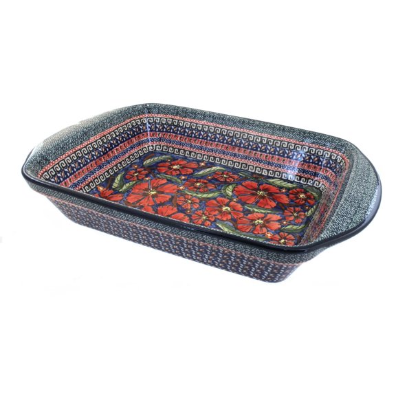 Blue Rose Polish Pottery Jungle Flower Large Rectangular Baker with Handles
