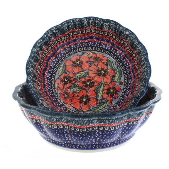 Blue Rose Polish Pottery Jungle Flower Scallop Serving Bowl Set
